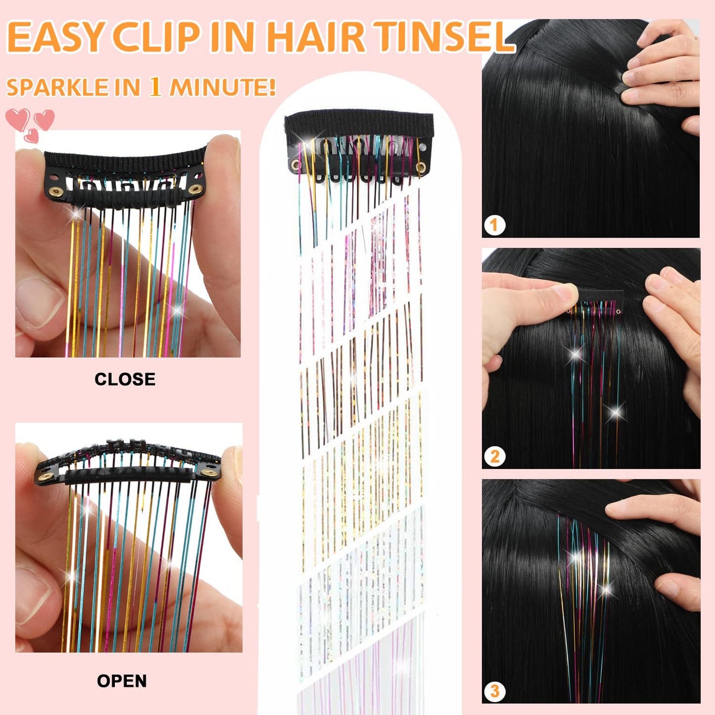 MISSUHUI 12Pcs Hair Tinsel Clip in 23.6Inch Clip in Hair Tinsel Glitter Tinsel Hair Extensions Heat Resistant Tinsel Hair Kit Clip in Sparkling Fairy Hair Accessories for Girls Women Kids (Lake Blue)