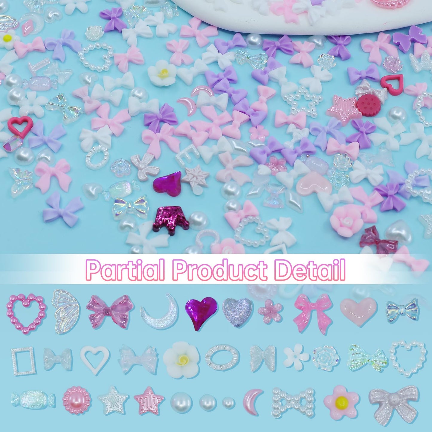 Pink Color White Purple 3D Nail Charms Kit Bowknot Tiny Flower Heart Nail Pearls Charms Butterfly Star Cherry Nail Rhinestones Charms for Manicure DIY Accessories