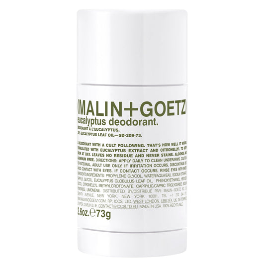 Malin + Goetz Eucalyptus Deodorant, natural effective odor & sweat defense, for all skin types, clear color, no residue/stains, free of aluminum, alcohol, baking soda, parabens, cruelty free 2.6 Fl Oz