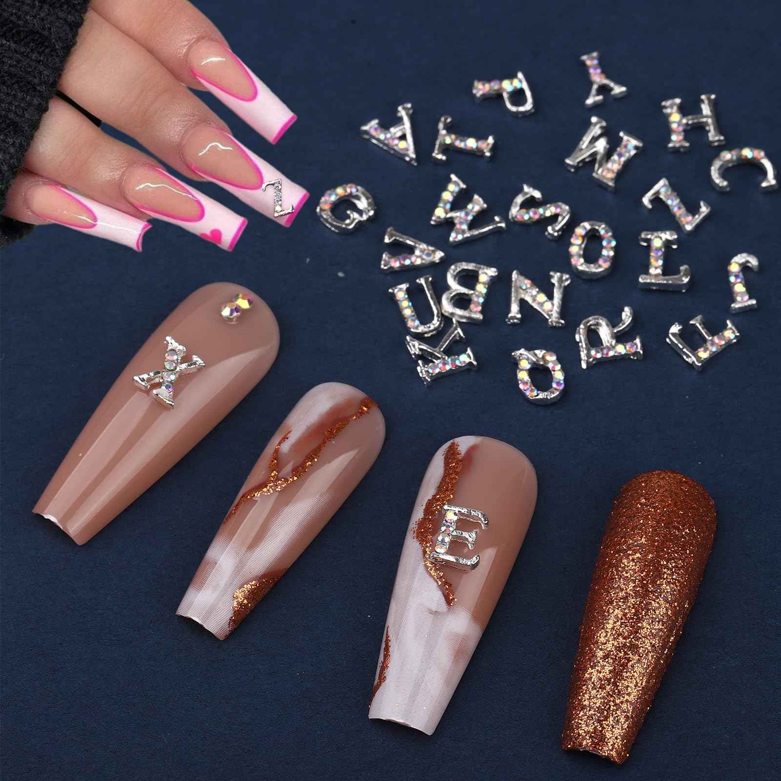 ROFIBUT Silver Letters Nail Charms Alloy English Alphabet Stud Nail Gems with Rhinestones Design 3D Shiny Letter Capital Nail Diamonds for Women Acrylic Nails Bling Jewels Making Crafts Manicure 26Pcs