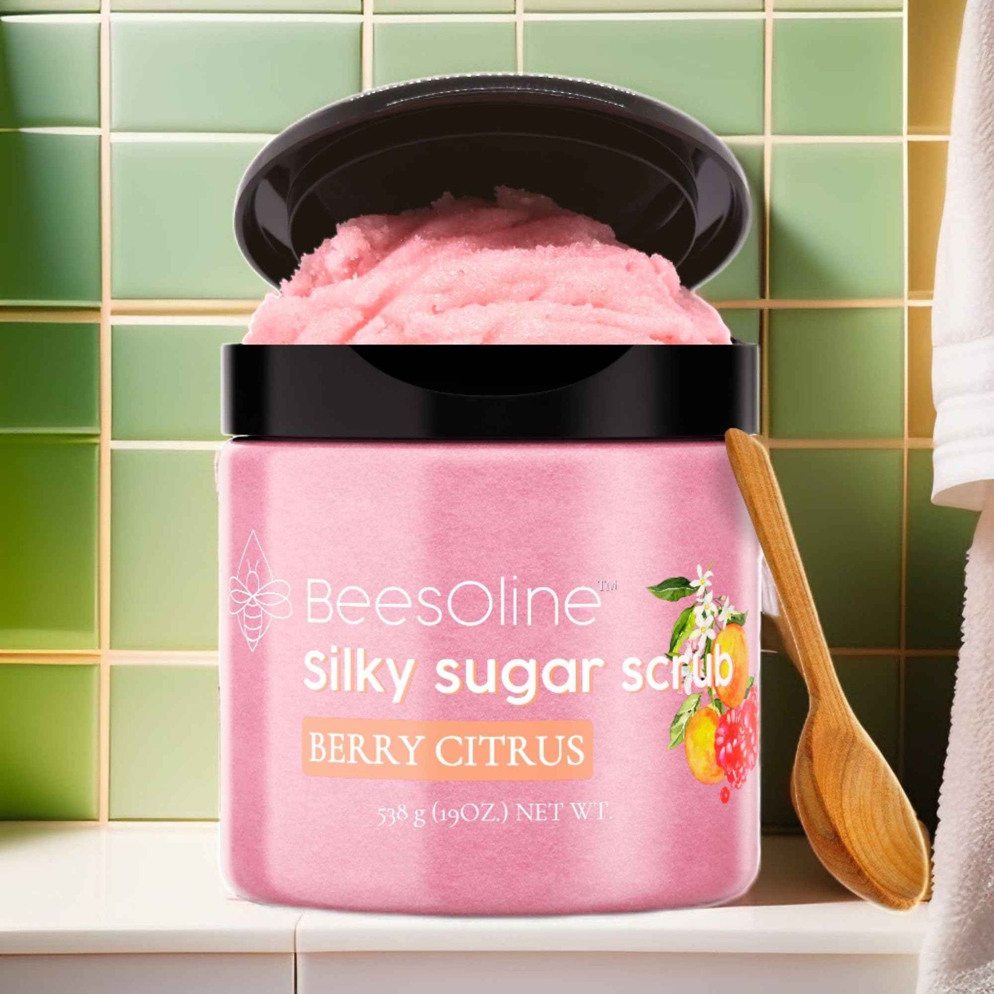 Sugar Scrub by BeesOline - Premium Fine Cane Sugar | Berry Citrus Scented - Extra Large 20oz, Convienent Flip-Top Lid, Organic Sunflower Oil & COCONUT OIL for Smooth Gentle Exfoliation