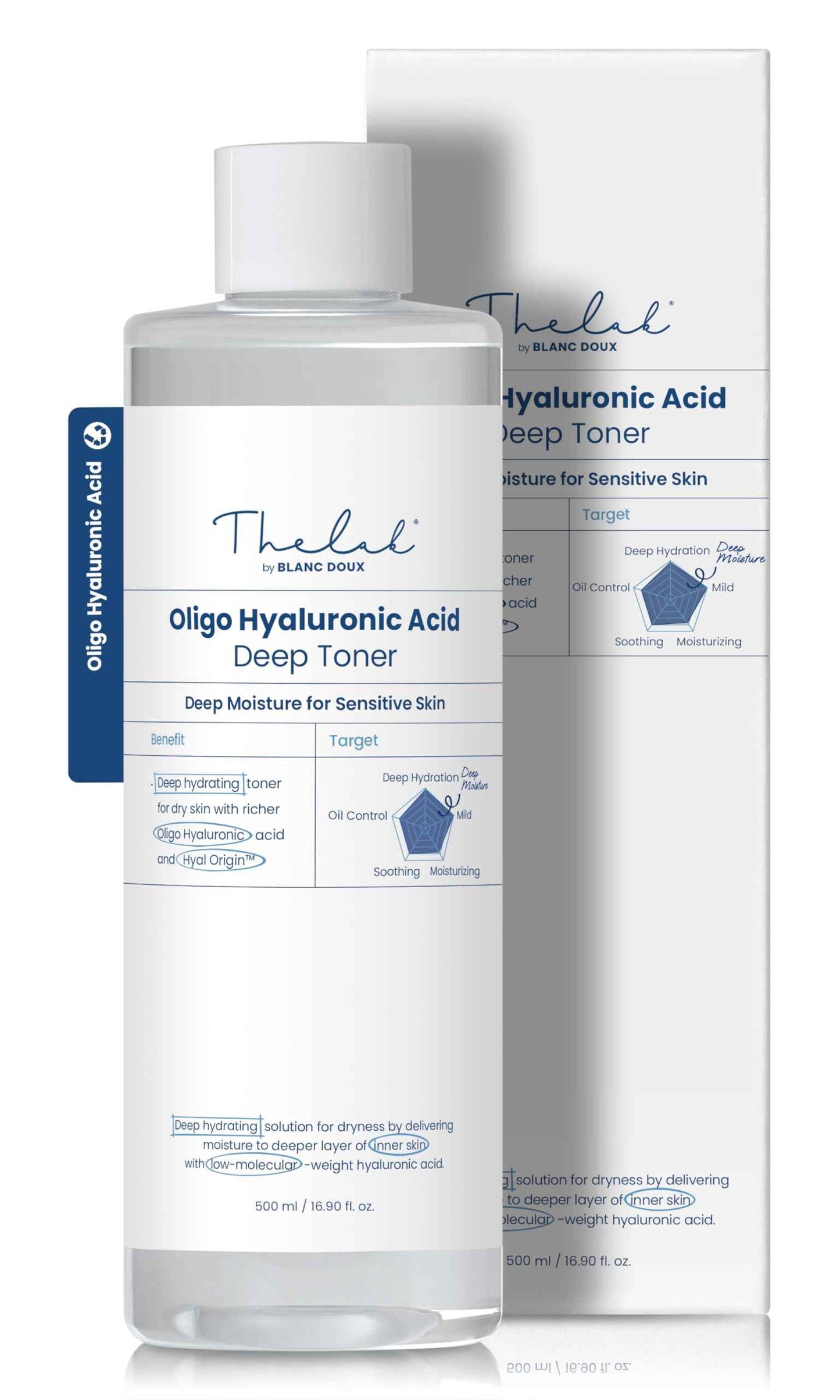 THE LAB BY BLANC DOUX Oligo Ultra-Low Molecular Hyaluronic Acid Deep Moisture Essence Toner Vegan for Sensitive Dry Combination Skin - Hypoallergenic Intense Hydrating Face Moisturizer 17 Fl Oz