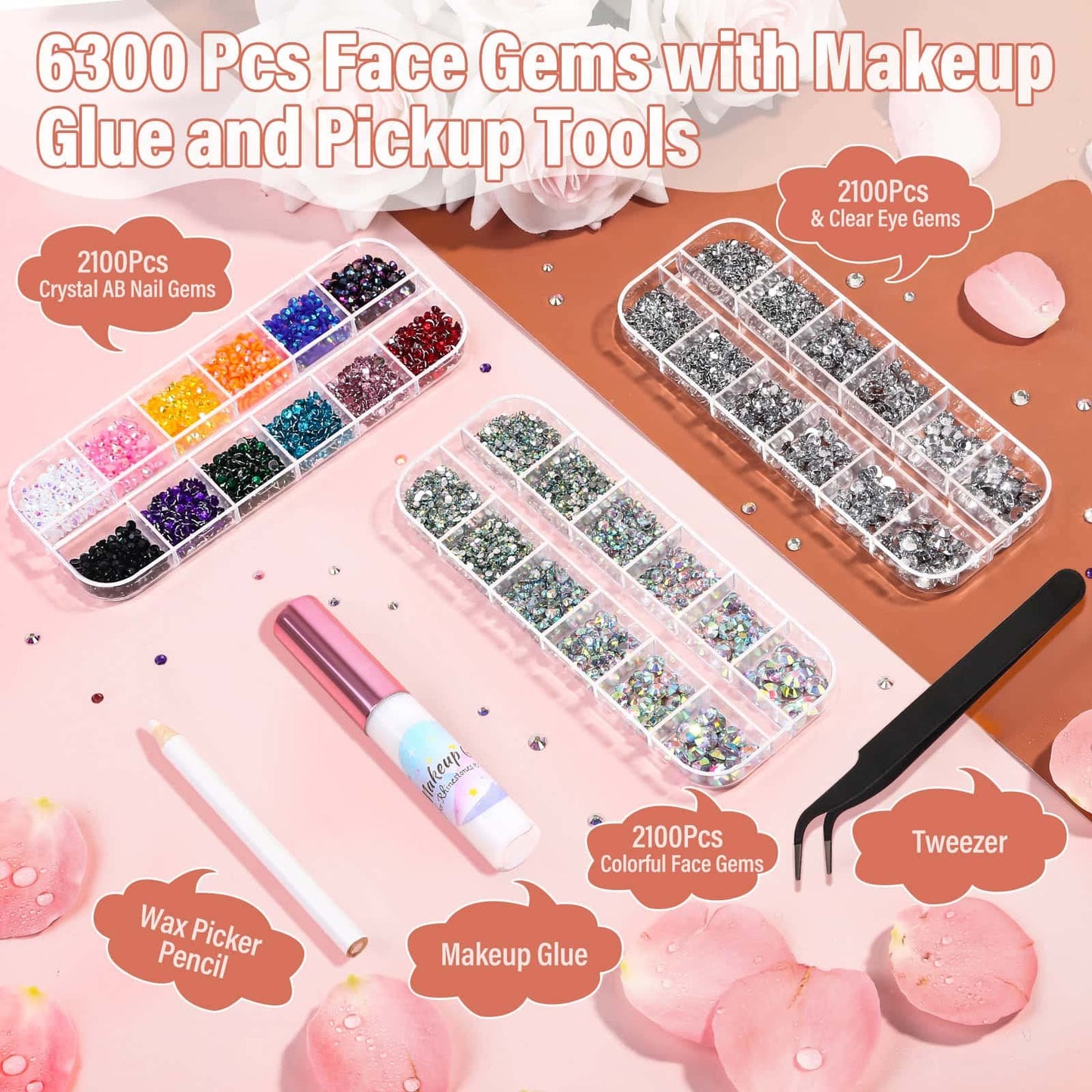 6300Pcs Face Gems with Rhinestones Face Glue for SFX Makeup, Eye Gems Flat Back Rhinestones Hair Crystal Makeup Gems with Skin Glue Spirit Adhesive for Eye Jewels Hair Costume Cosplay