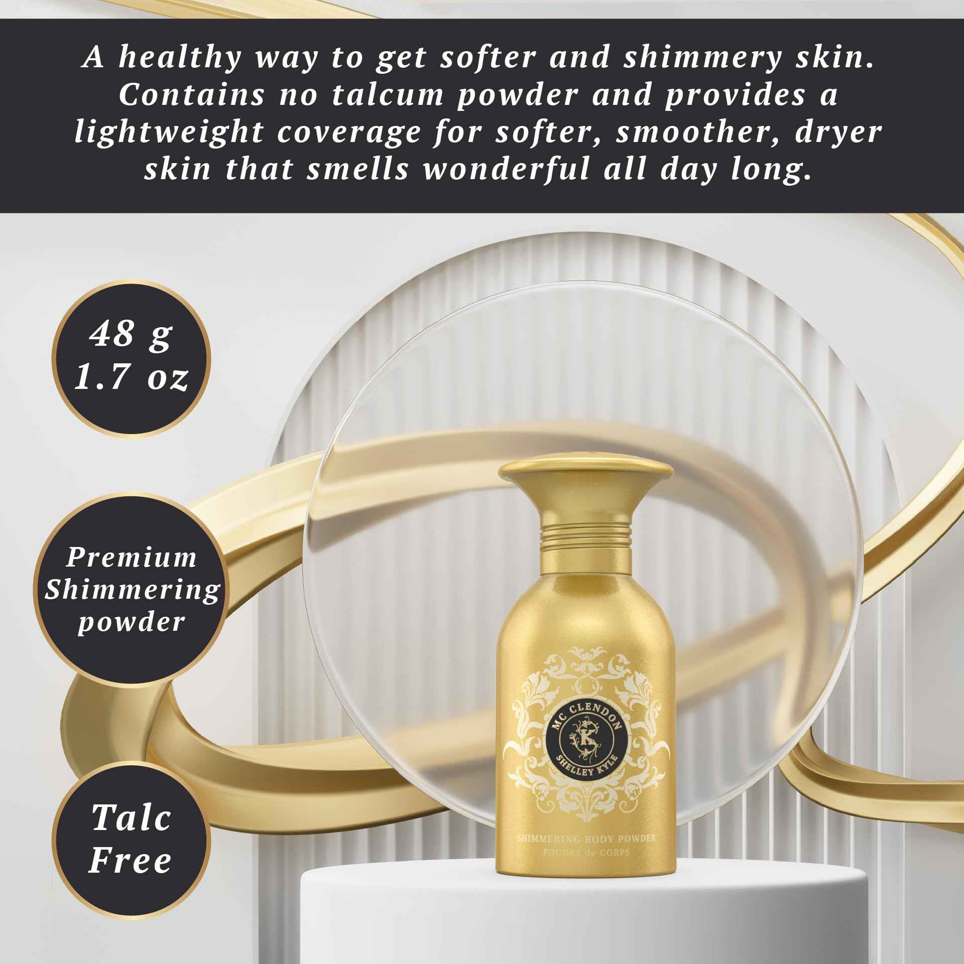 Mcclendon Talc Free Shimmer Powder, Body Powder, Dusting Powder, Leaves Skin Soft, Dry, Smooth, and Shimmering, 48g