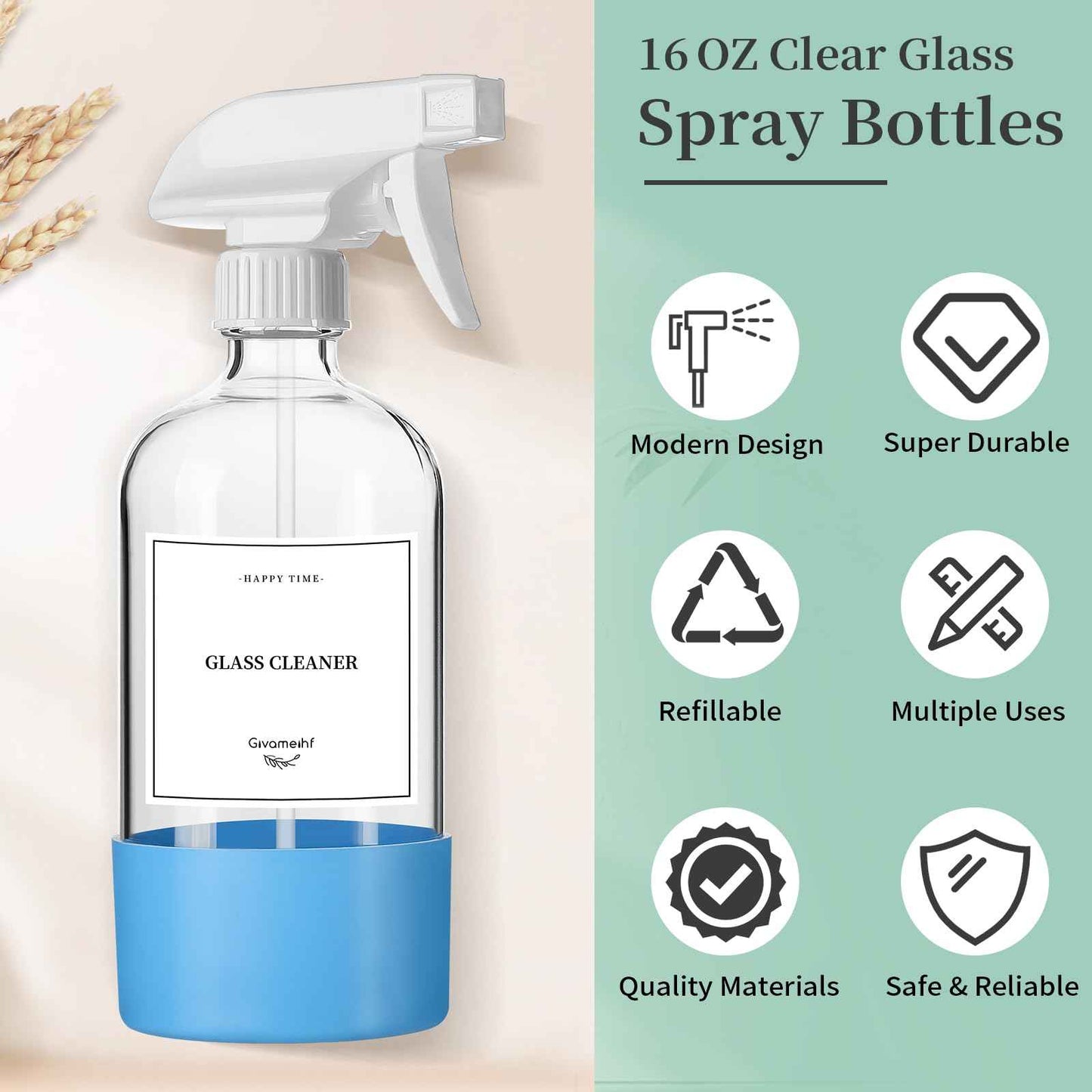 GIVAMEIHF 2 Pack Glass Spray Bottles with Silicone Sleeve,16oz Clear Glass Spray Bottles Refillable Empty Bottle with Adjustable Nozzle,Spray Bottle for Essential Oils,Cleaning Solutions,Pets,Hair