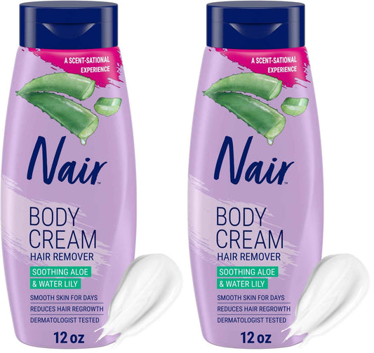 Nair Body Cream Hair Remover, Soothing Aloe and Water Lily, Dermatologist Tested Body Hair Removal Cream, with Evolved Ingredients, 12 Oz (Pack of 2)