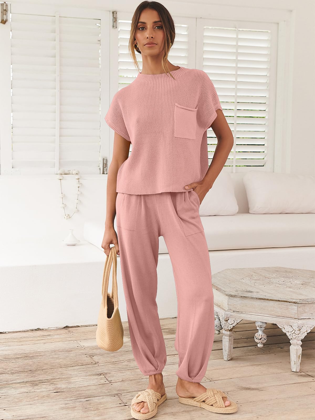 ANRABESS Women's Two Piece Outfits Knit Sweater Pullover Crop Top & Pants Lounge Matching Tracksuit Sweatsuit Sets 2024 Trendy Loungewear Clothes Pink X-Small