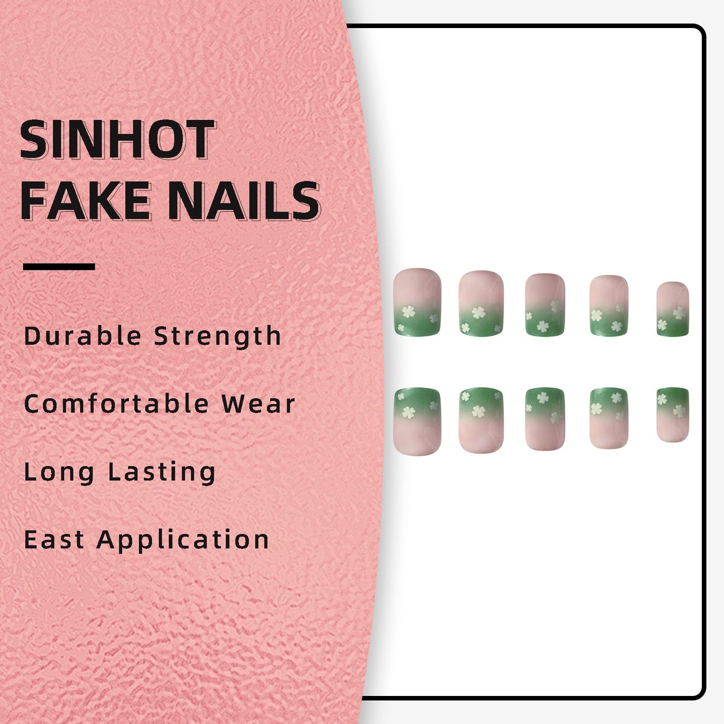 SINHOT St. Patrick's Day Press on Nails Short Square Spring Nails Shamrock French Fake Nails with Glue Green Nails False Nails Squoval Acrylic Nails 24pcs