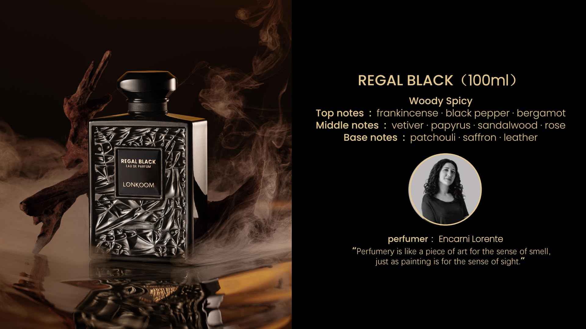 LONKOOM Regal Black Perfume for Men, Woody Spicy Eau De Parfum Spray Long-Lasting Fragrance Cologne 3.4 Fl Oz/100ml, Notes of Frankincense Black Pepper Bergamot Vetiver Papyrus Sandalwood Rose Saffron