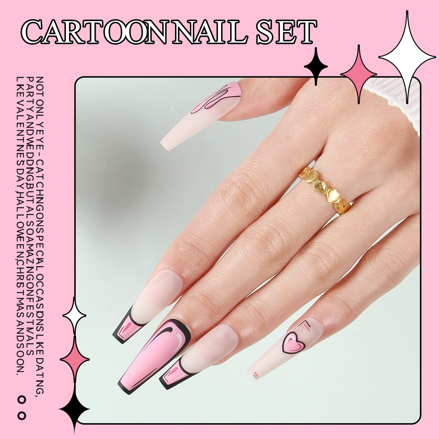 Comic Coffin Nail Pink Pop Art Press on Cartoon French Tips New Trend Love Design Stick on False Nails 24 pcs Flame Decals Set