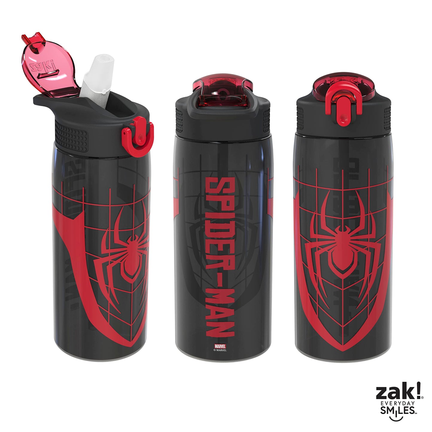 Zak Designs Marvel Spider-Man Water Bottle For School or Travel, 25 oz Durable Plastic Water Bottle With Straw, Handle, and Leak-Proof, Pop-Up Spout Cover (Spider-Man)