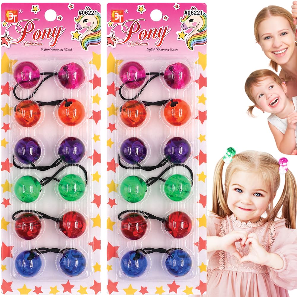 Beauty Town 12 Pcs 25mm Hair Ties for Girls, Assorted Colors, with Balls Bubble Twinbead Ponytail Holders