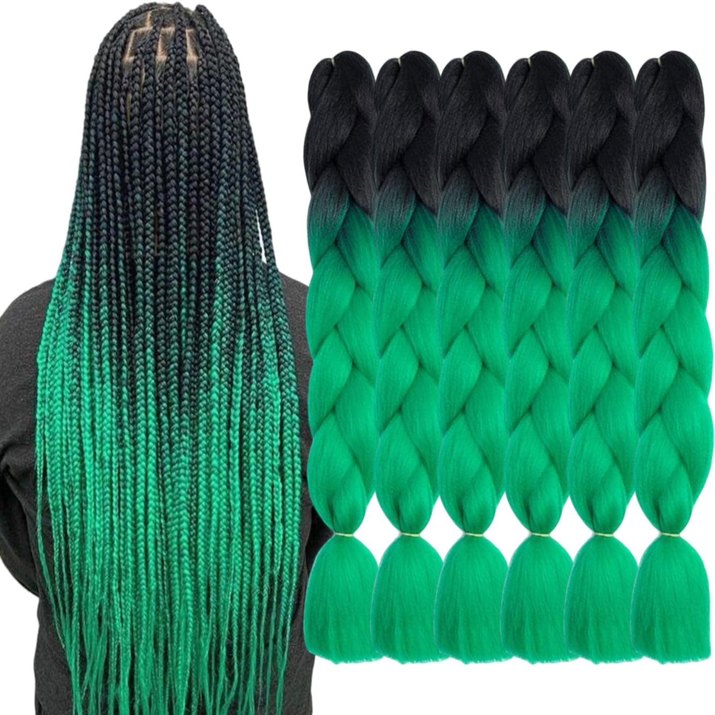 LILYKA SHOW 6 Packs 24 Inch Braiding Hair Extensions for Women Braiding Hair Ombre Jumbo Braiding Hair Extensions High Temperature Synthetic Braiding Hair(24 Inch(Pack of 6), Black to Green)