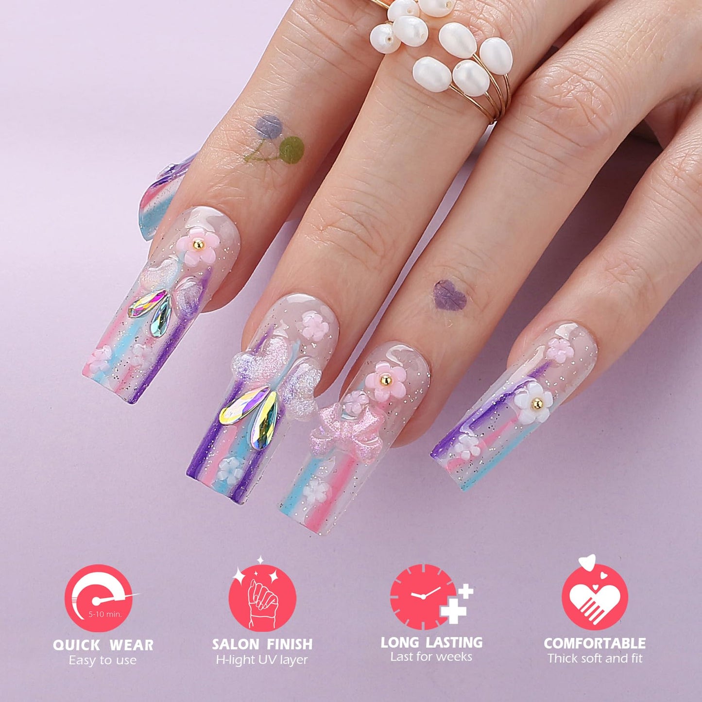 MqpQ Square Cute Press On Nails With Flowers Heart-shaped Butterfly Pretty Handmade False Nails Lovefull Rainbow Fake Nails Long for Women And Girls