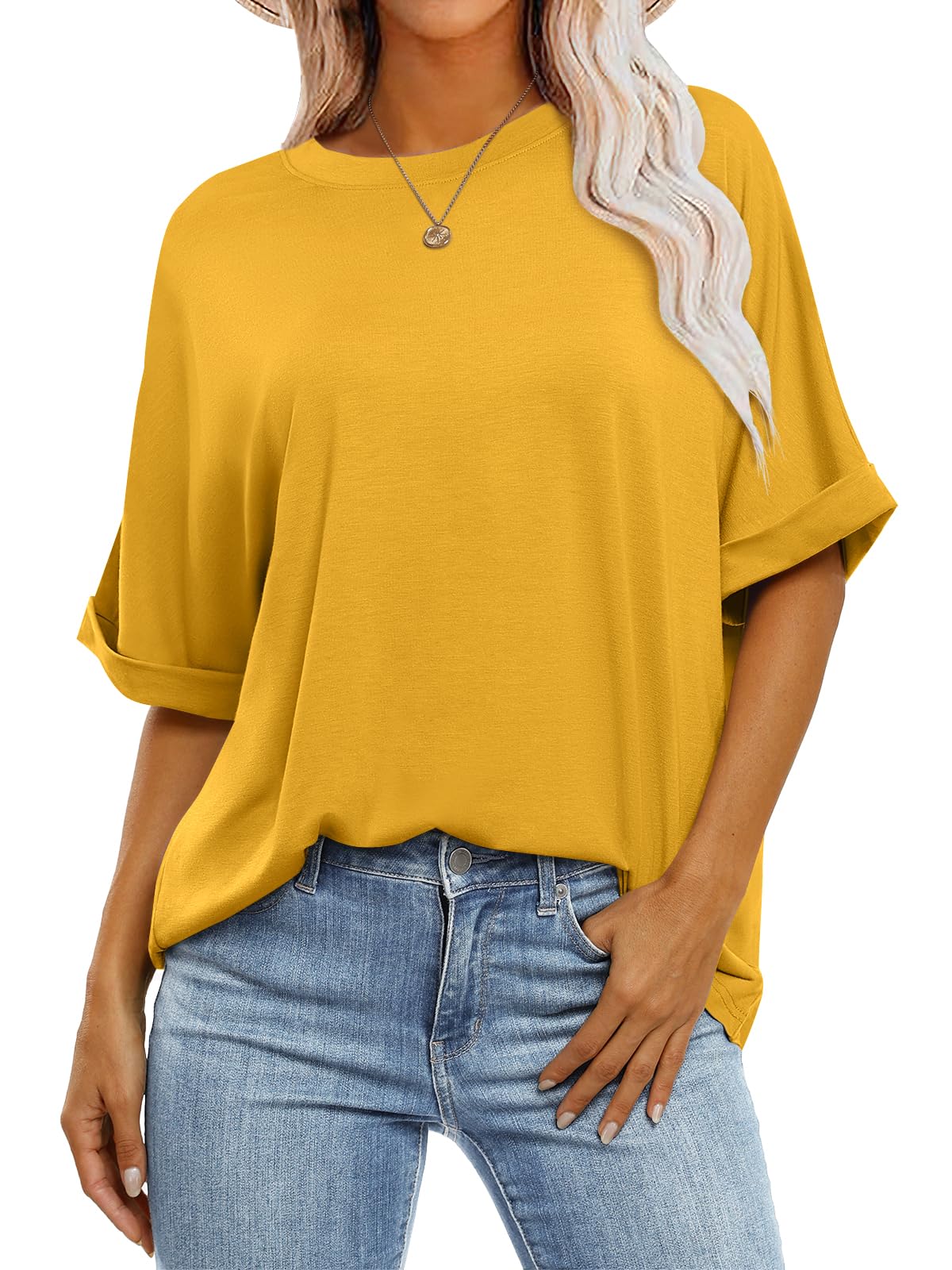 ANRABESS Women's Oversized T Shirts Short Sleeve Crewneck Summer Tops Casual Loose Basic Tee Shirts 2024 Trendy Clothes Yellow Medium