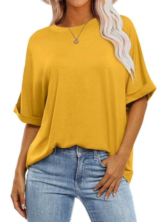 ANRABESS Women's Oversized T Shirts Short Sleeve Crewneck Summer Tops Casual Loose Basic Tee Shirts 2024 Trendy Clothes Yellow Medium