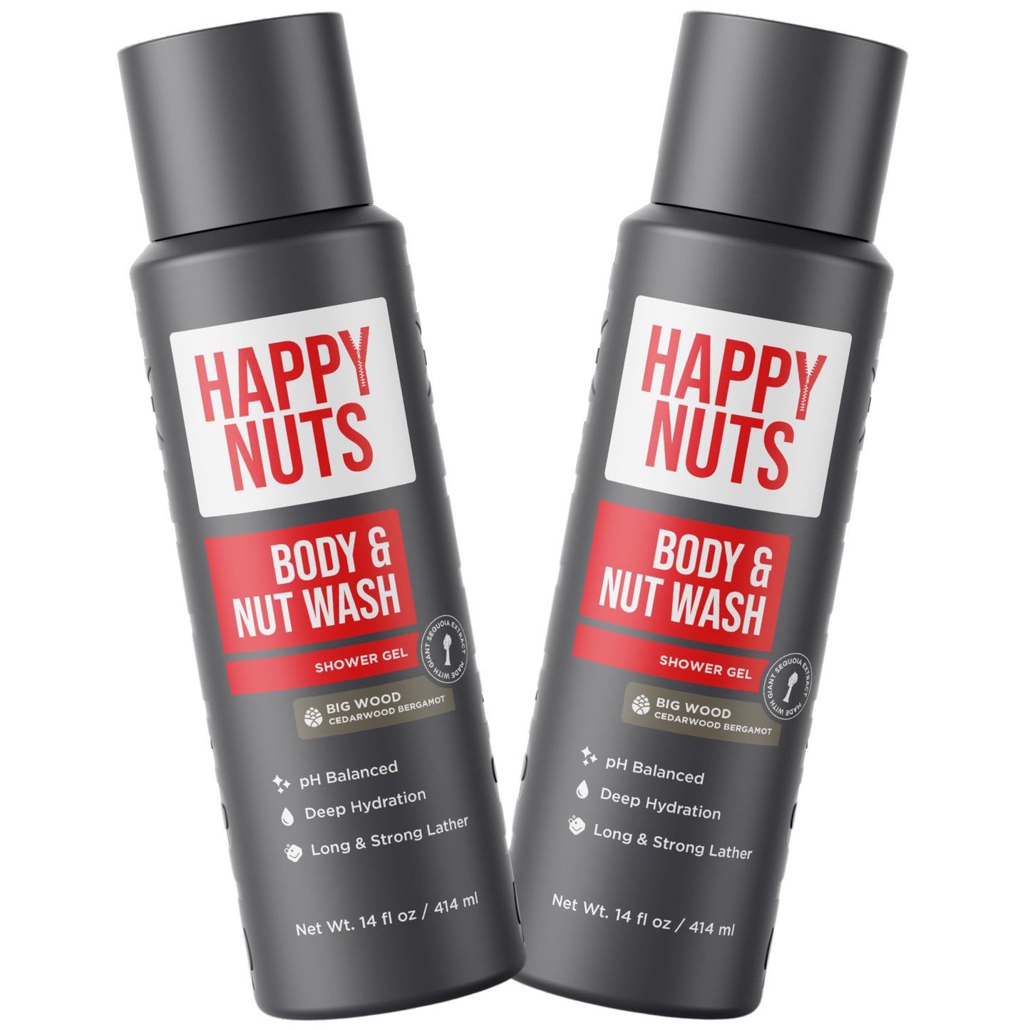 HAPPY NUTS Big Wood Body and Nut Wash - Moisturizing Men's Shower Gel, Natural Bodywash with Deep Cleanse for Sensitive Skin - Men's Body Soap (2 Pack, Big Wood)