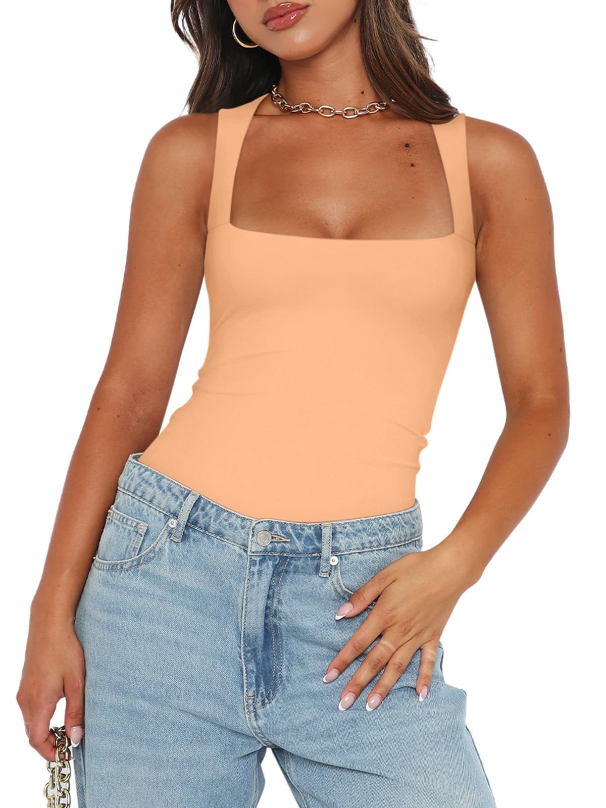 REORIA Womens Summer Sexy Sleeveless Square Neck Double Lined Going Out Cute Thong Bodysuit Tank Tops Peach Fuzz Small