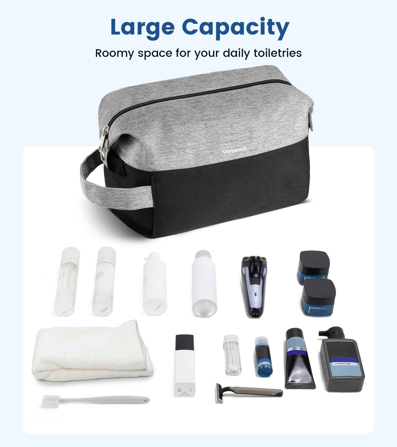 Vorspack Large Travel Toiletry Bag - Water Resistant Travel Bag for Toiletries, Cosmetics, Accessories, Gifts for Men - Black