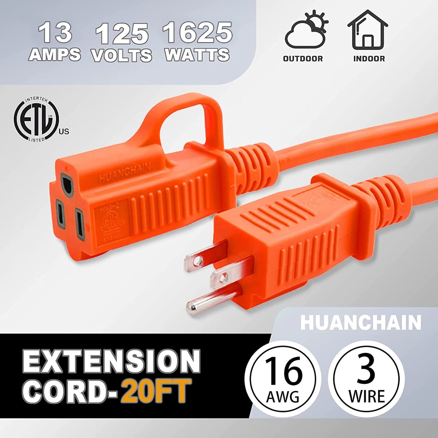 HUANCHAIN Indoor Outdoor Extension Cord 20 ft Waterproof, 16/3 Gauge Flexible Cold-Resistant Appliance Extension Cord Outside, 13A 1625W 16AWG SJTW, 3 Prong Heavy Duty Electric Cord Orange, ETL