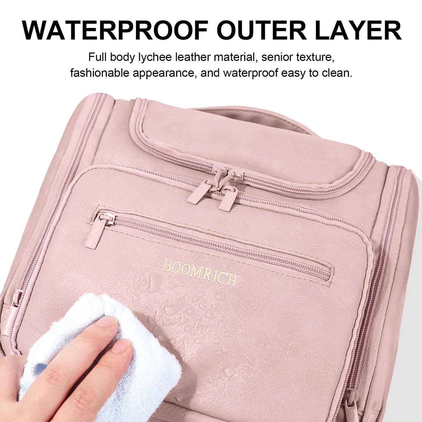 Large Toiletry Bag for Women, Hanging Leather Travel Makeup Bag with 360° Hook and Shoulder Strap, Travel Organizer for Full Sized Container, Toiletries, Brushes (Pink)