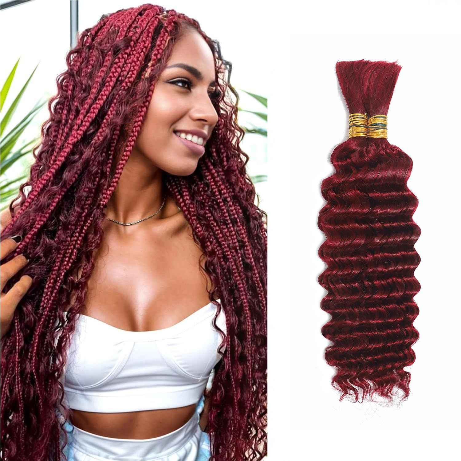 99J Burgundy Human Braiding Hair For Boho Braids 100g Deep Wave Bulk Human Hair for Braiding 12A No Weft Curly Human Hair Extensions Wet and Wavy Boho Hair for Braiding (99J-Deep Wave, 20 Inch)