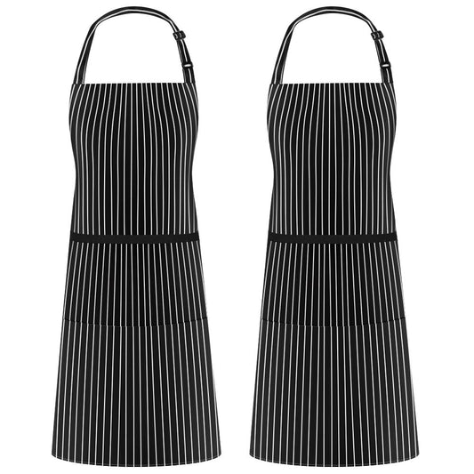 Syntus 2 Pack Adjustable Bib Apron Thicker Waterdrop Resistant with 2 Pockets Cooking Kitchen Aprons for Women Men Chef, Pinstripe Black White