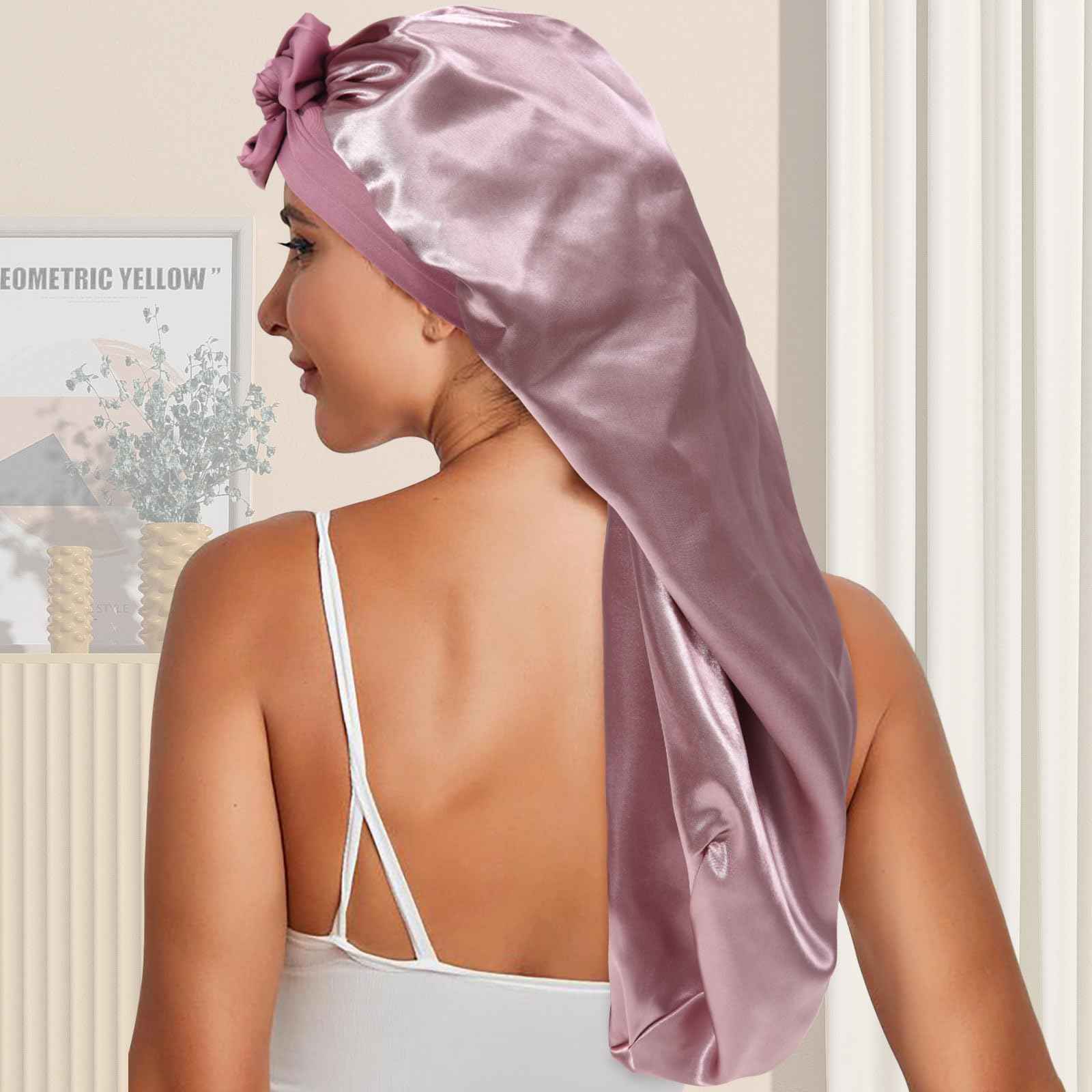 Long Satin Braid Bonnet for Women Silk Bonnet for Sleeping Sleep Cap with Elastic Tie Band Night Cap for Long Curly Hair Give Away Scrunchie(Bean Paste)