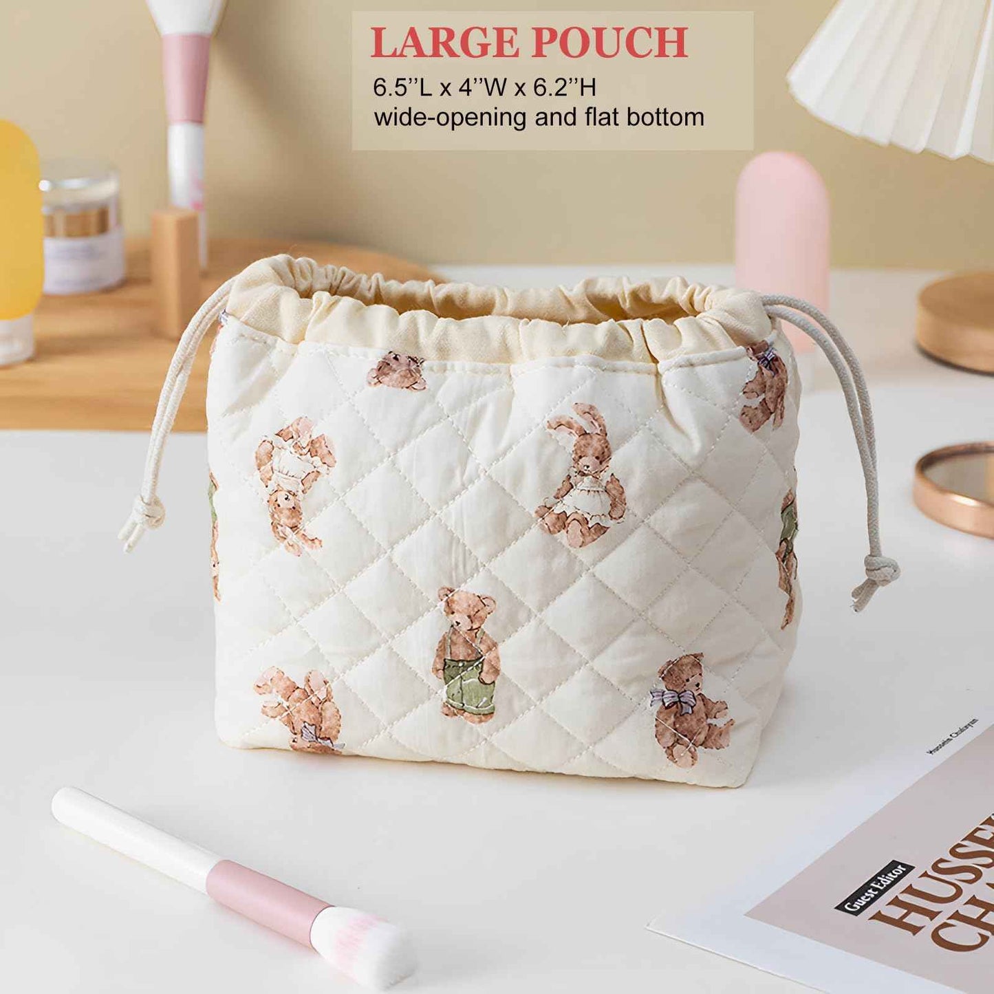 HAPPYHEIDI Quilted Cotton Drawstring Makeup Bag Set 2 Size w Compartment Cosmetic Toiletry Travel Pouch,Purse Organizer,Brown Teddy Bears