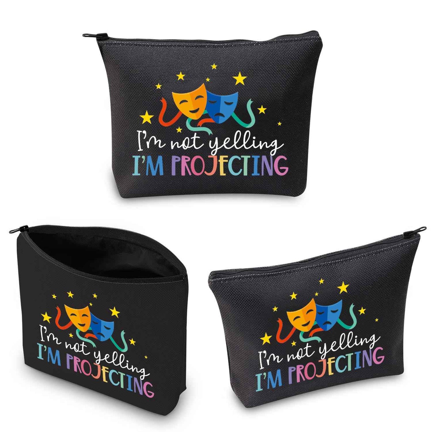 BDPWSS Theatre Makeup Bag Drama Theater Lover Gift Comedy Tragedy Masks Cosmetic Bag i'm Not Yelling I'm Projecting Drama Acting Travel Pouch (Yelling projecting BL)