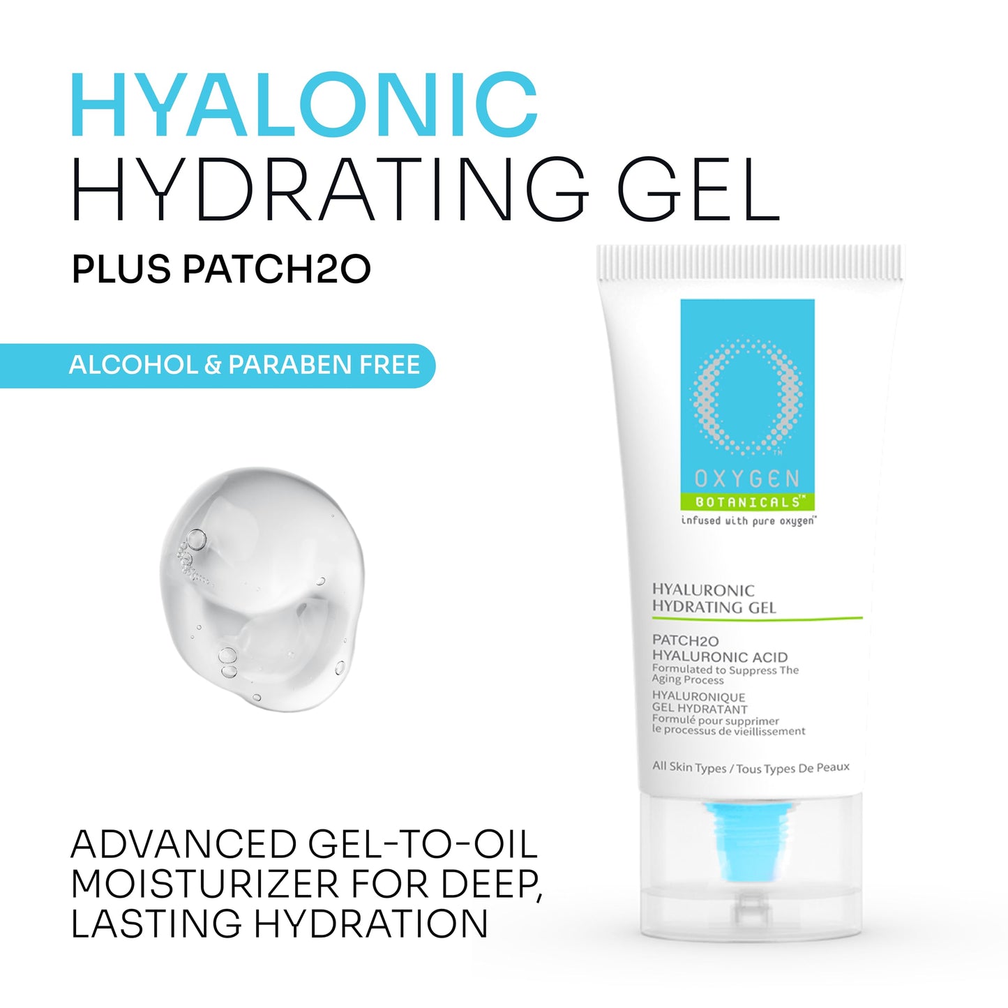Oxygen Botanicals Hyaluronic Hydrating Gel plus PATCH2O -Moisturizing gel for all skin types, light and refreshing formula, daily protection-75ml
