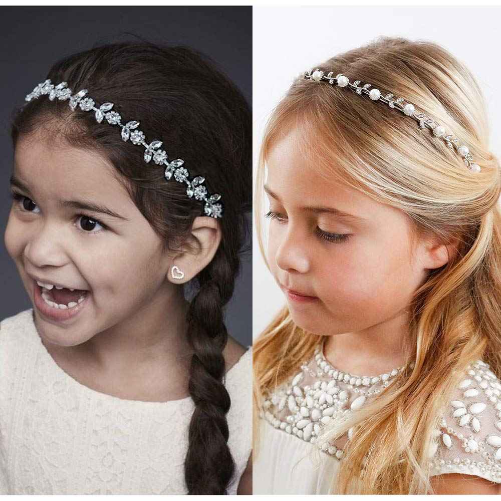 SWEETV 2pcs Flower Girl Headpiece Sliver Wedding Headband for Girls, Crystal & Pearl Hair Accessories for Birthday Party, First Communion