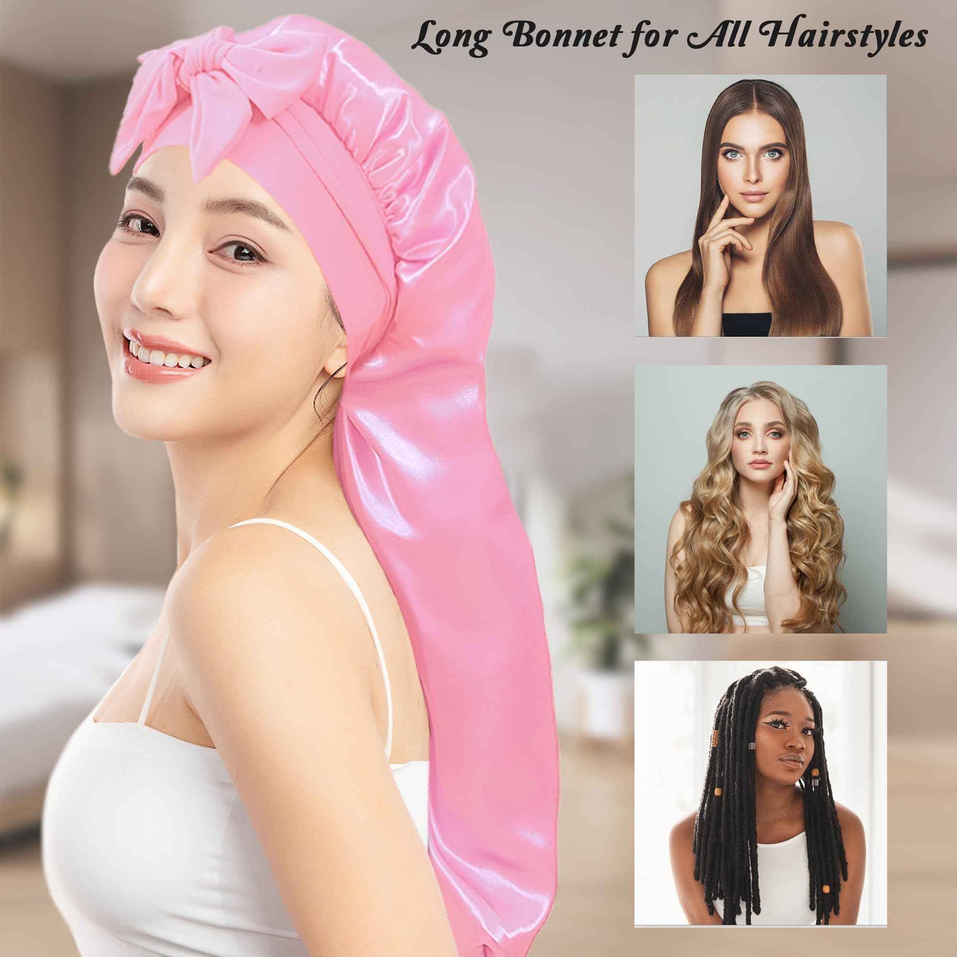 Long Bonnet with Tie Band, Satin Silk Hair Bonnet for Sleeping Women, Sleep Bonnets for Women, Silky Sleep Cap for Curly Hair Braids