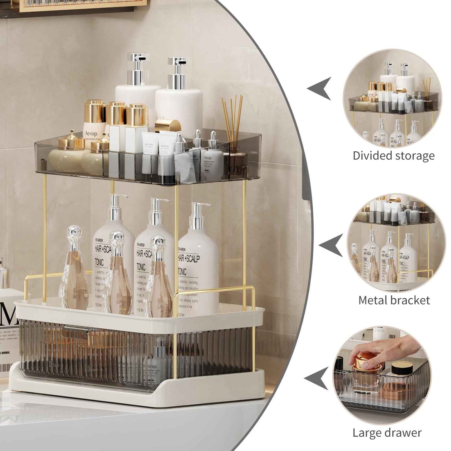 YCIA & DONE Bathroom Counter Organizer, Multi Makeup, Skincare, Perfume, Cosmetic, Vanity Countertop Organizer - Large Capacity, 2 Tier with Drawer - Easy to Install, Clean, Smoky Gray