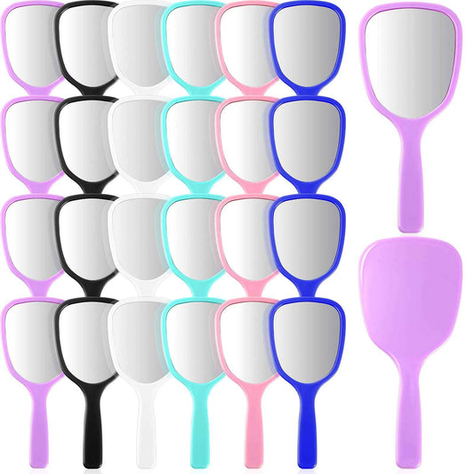 Geelin 24 Pcs Small Handheld Hand Mirror with Handle Plastic Travel Makeup Compact Portable Vanity Mirror for Camping Home Women Men Purse, 6 Colors, 7 x 3.15 Inches/ 18 x 8 cm