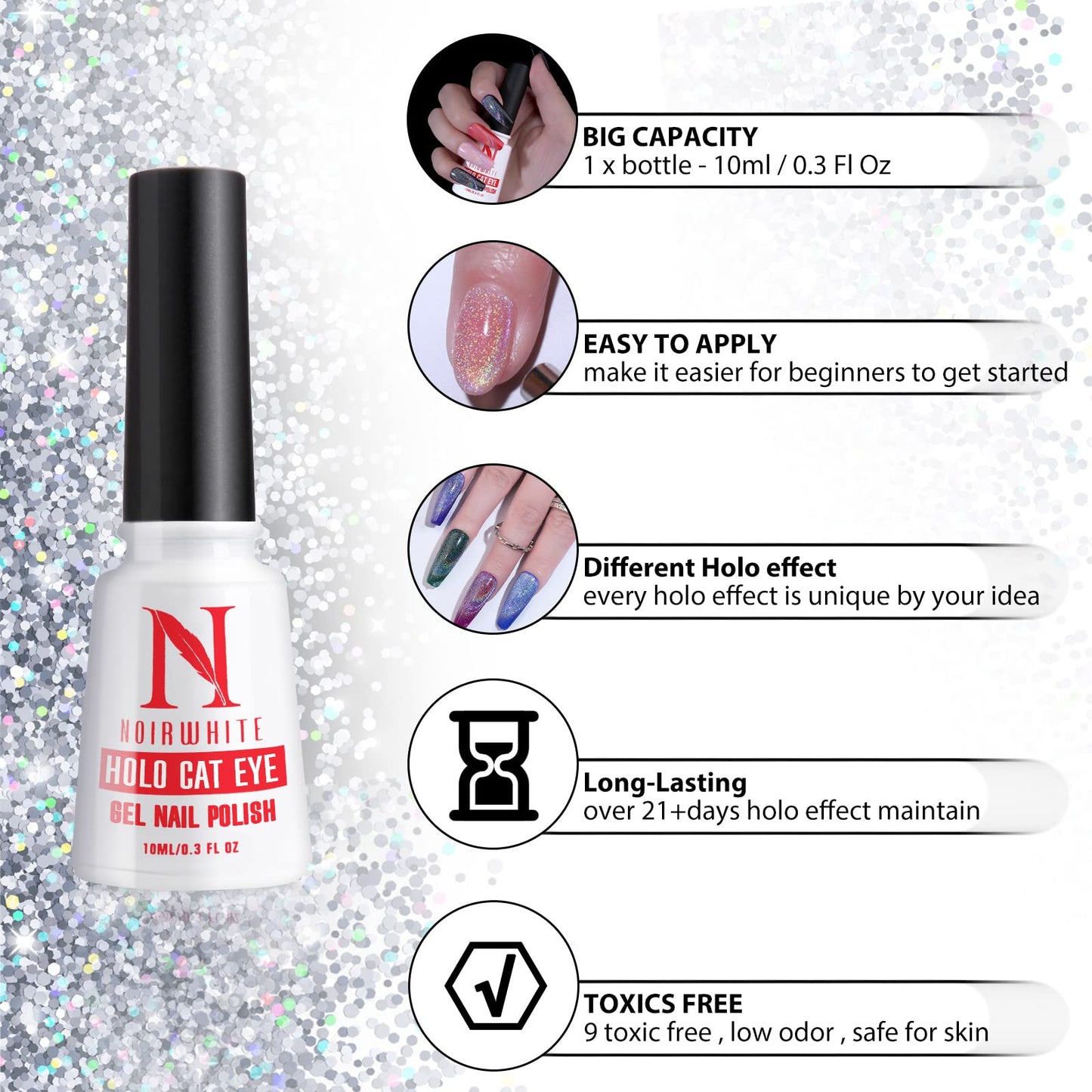 noirwhite Cat Eye Gel Nail Polish 10ml 1pcs, Holographic Glitter Rainbow Cat Eye Gel Polish with 1Pcs Magnetic Stick for Nail Art Design Soak Off UV LED Magnetic Nail Polish Cat Eye Effect