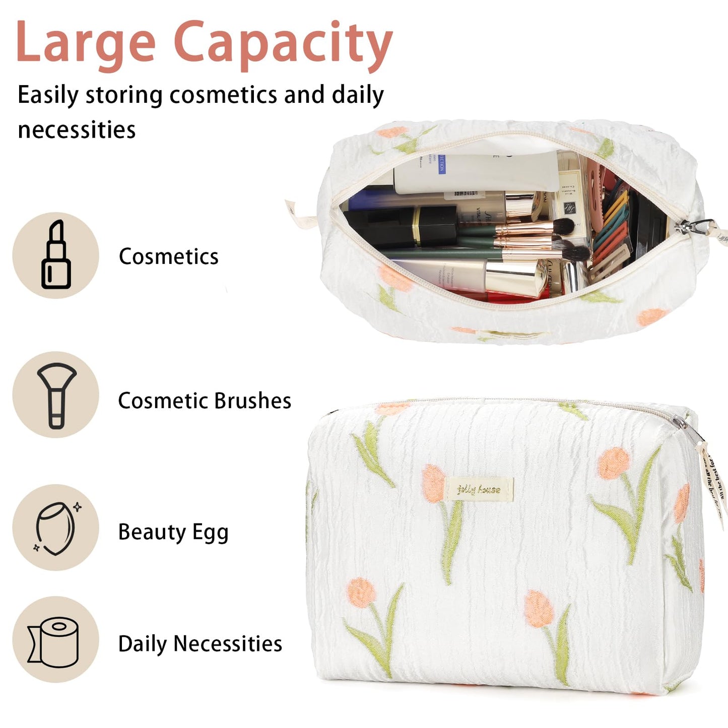 Sightor Cotton Makeup Bag, Kawaii Floral Cosmetic Bag Large Travel Toiletry Bag, Quilted Cosmetic Pouch for Women (Tulip)