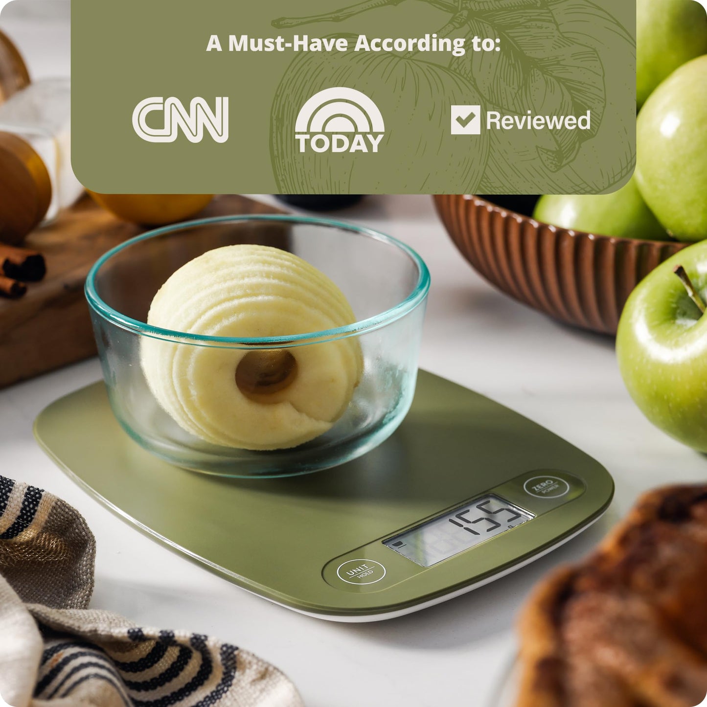 Greater Goods Digital Kitchen Scale - Cooking, Baking, Meal and Food Prep Scale, Weighs in Grams, Pounds and Ounces, Moss Green