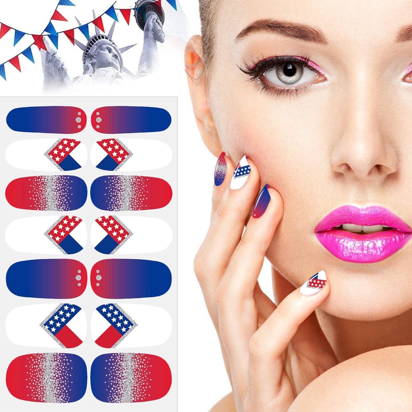 JERCLITY 224 Pieces 16 Sheets 4th of July Nail Wraps Independence Day Nail Polish Strips with Nail File Patriotic American Flag Nail Strips Self-Adhesive Solid Color Nail Stickers for Memorial Day