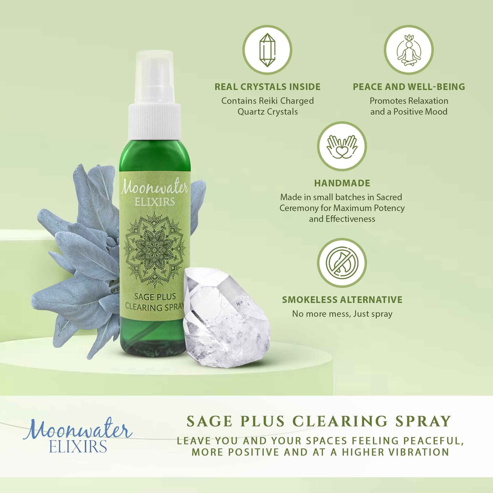 White Sage Energy Cleansing Smudge Stick & Spray for Negative Energy Removal, Reiki and Quartz Charged, Full Moon Enhanced, Aura Healing, Space Clearing, Spiritual Defense, Protection (8oz)