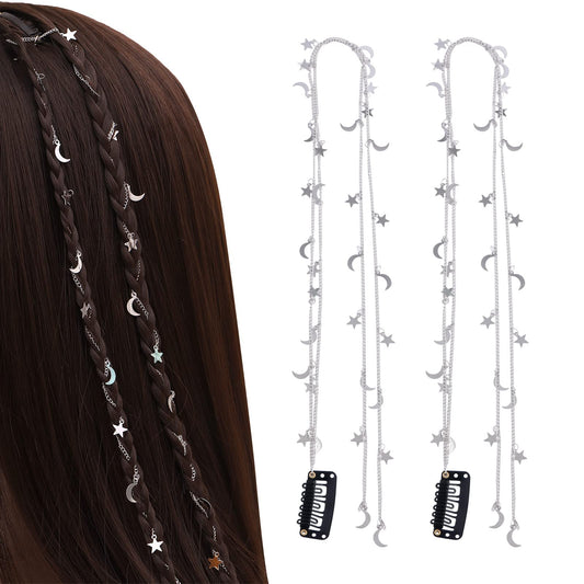 FRDTLUTHW Silver Hair Jewelry for Braids, Tassels Hair Blinger, Star Hair Chain for Women Girls(pack of 2)