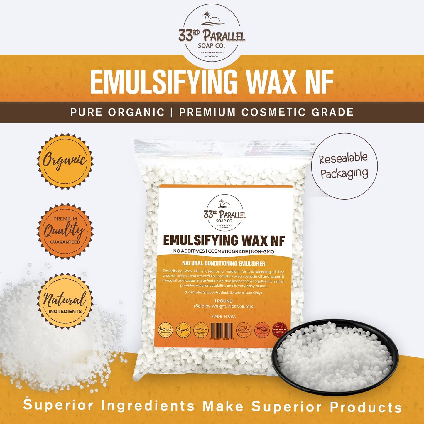 Non-GMO Emulsifying Wax NF Pastilles (1 LBS / 16 OZ) 100% Natural Plant Derived | For Lotions, Creams, Soap Making, Hair Products | Cosmetic Grade | Product of USA | 1 POUND