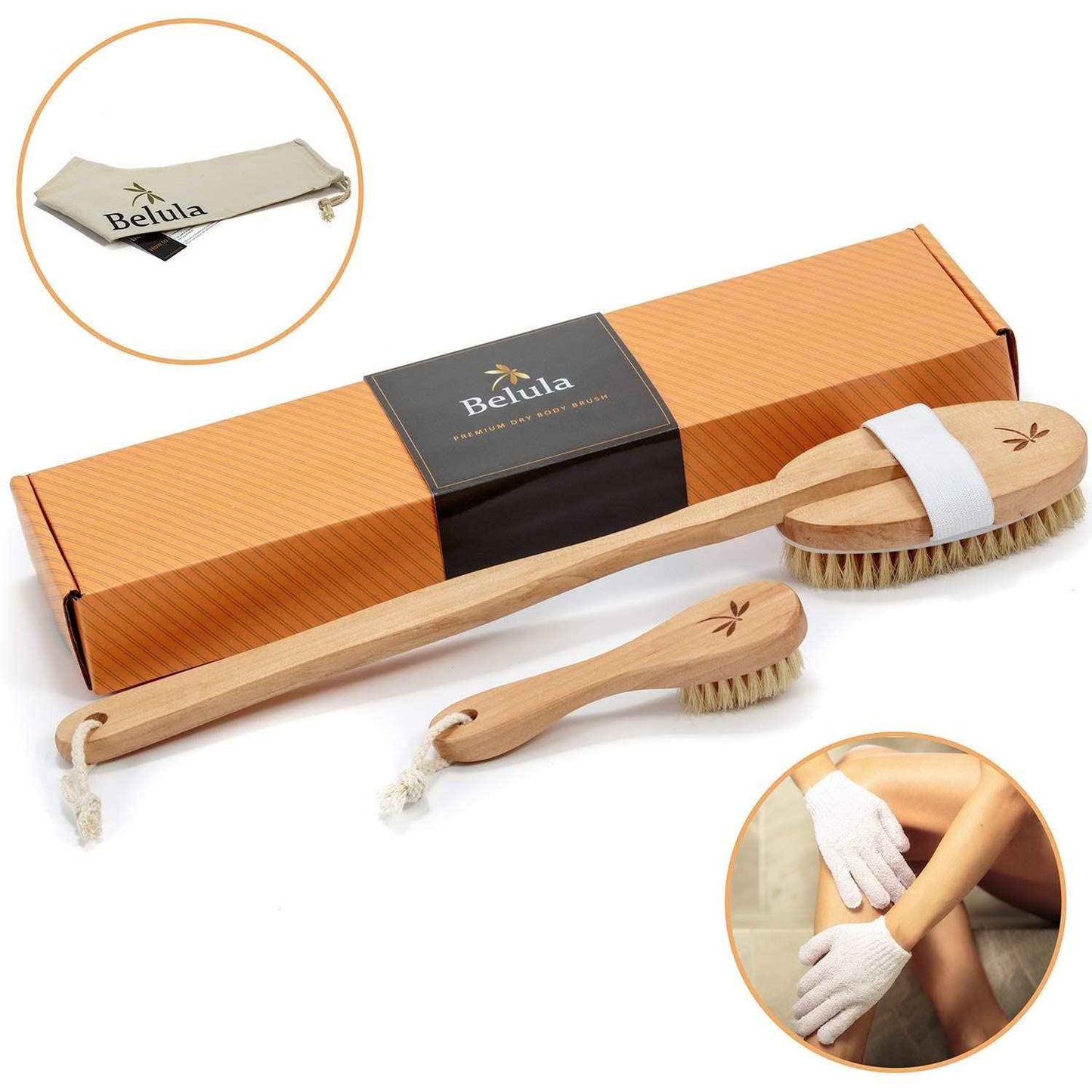 Belula Skin & Hair Care 100% Natural. Dry Brushing Body Brush Set and Detangling Boar Bristle Hair Brush. Restore Shine and Health to Your Skin and Hair.