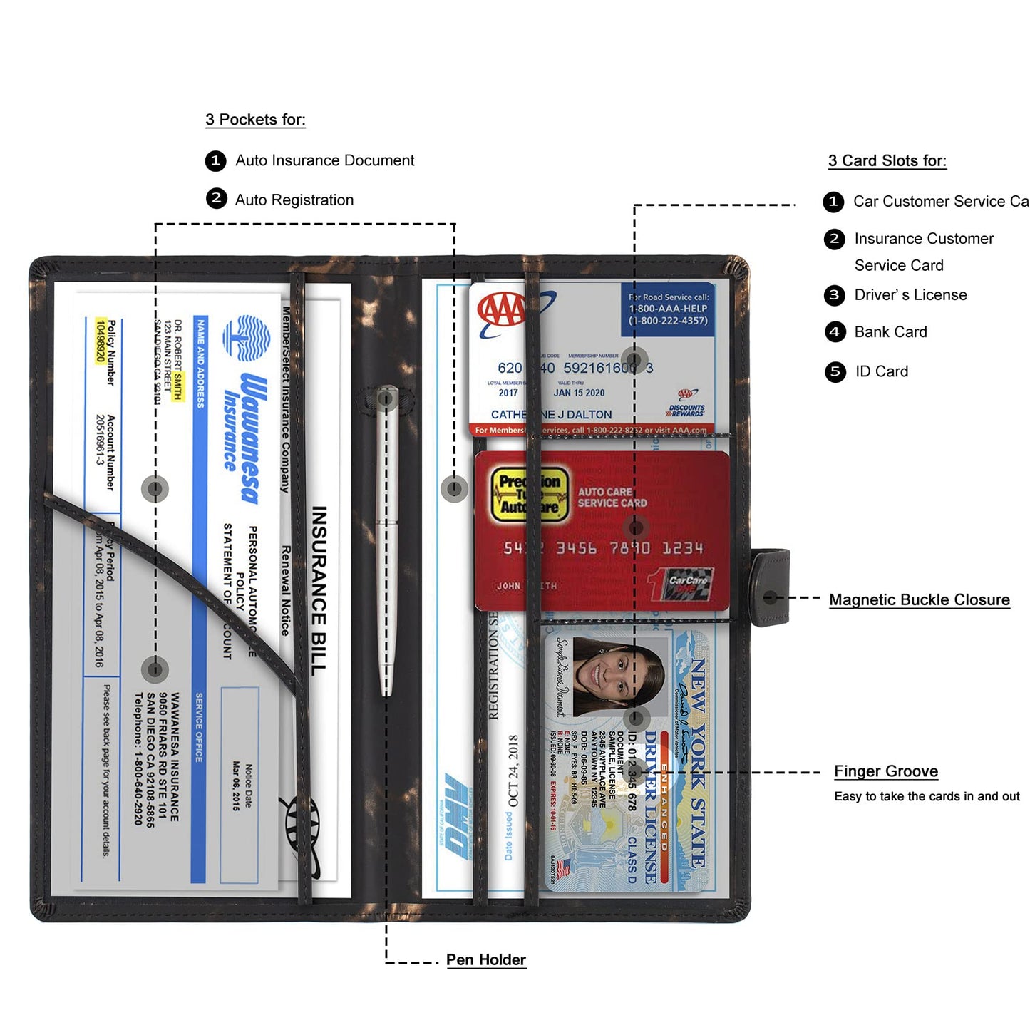 TOURSUIT Car Registration and Insurance Card Holder, Vehicle License Document Glove Box Compartment Organizer, Interior Car Accessories for Women Men (Marble Black)