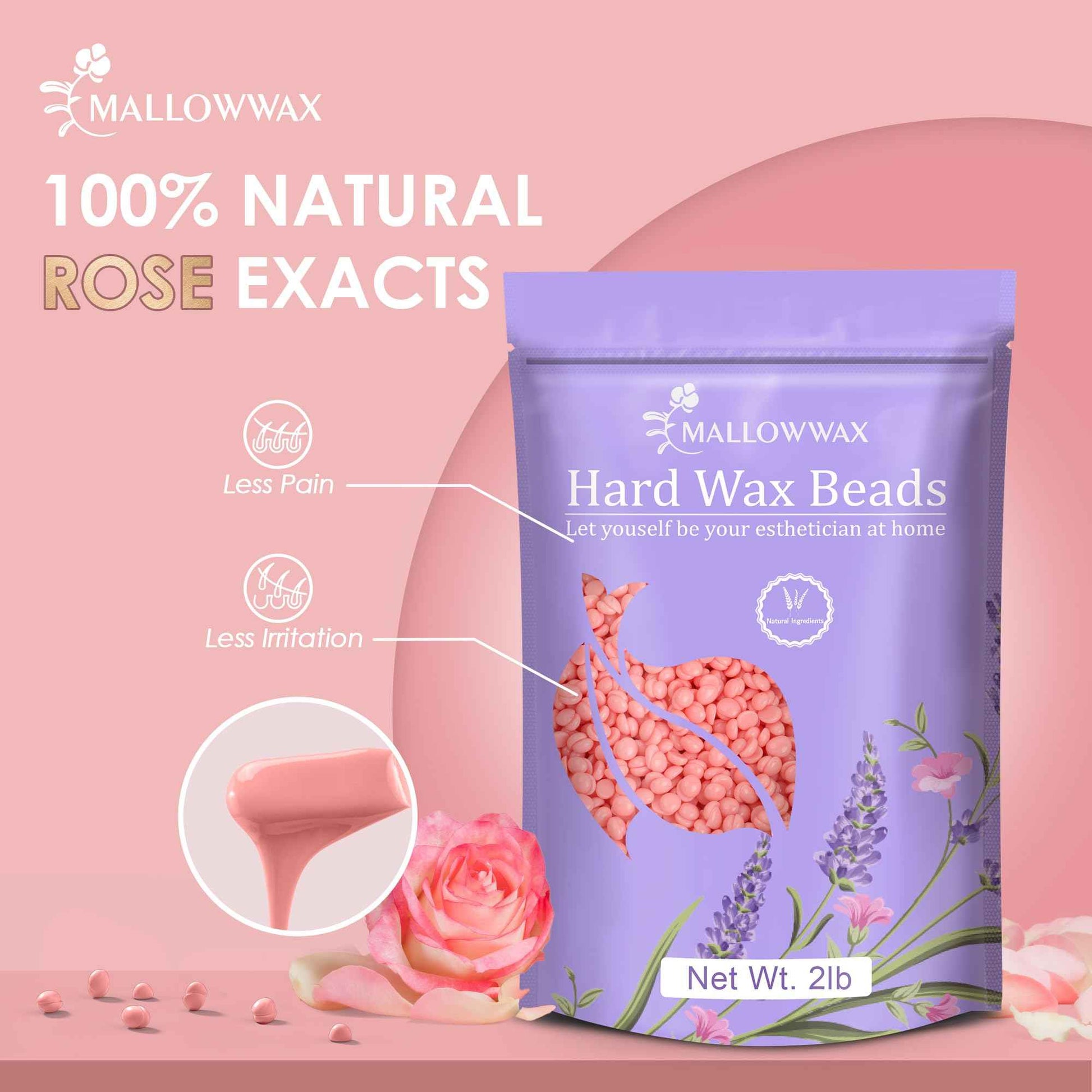 Mallowwax Hard Wax Beads for Hair Removal, 2LB – Premium Hair Removal Wax Refill for Sensitive Skin with Rose Formula, Ideal for Facial and Brazilian Areas