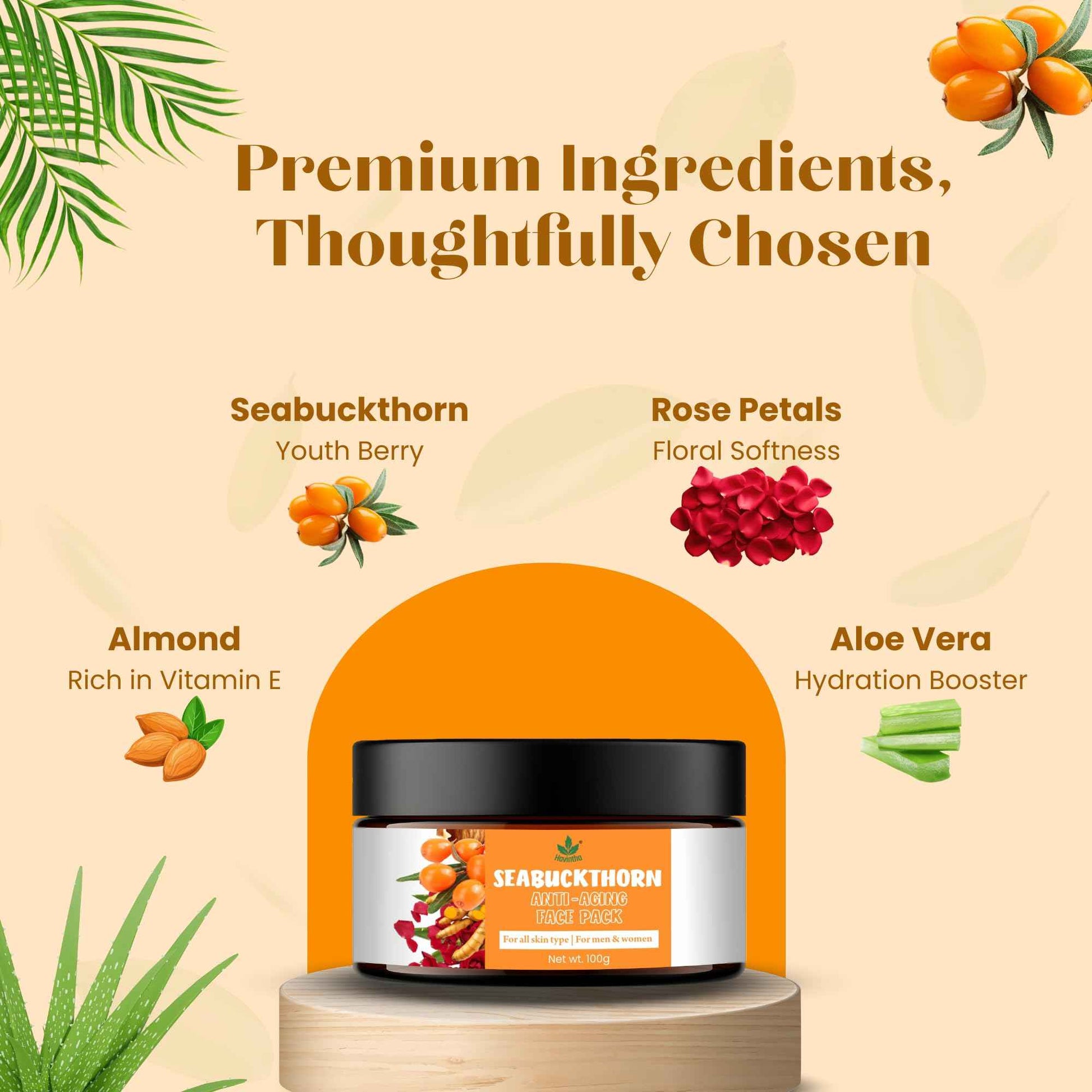 Havintha Sea Buckthorn Anti-Aging Face Pack | Natural Herbal Face Mask | Brightening Face Pack for Wrinkles, Fine Lines & Dark Spots - 100g