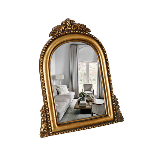 OIGUMR Smaller Vintage Gold Ornate Baroque Mirror Vanity Desk Table Mirror Arched Makeup Mirror with Resin Frame 9.6X6.5 inch