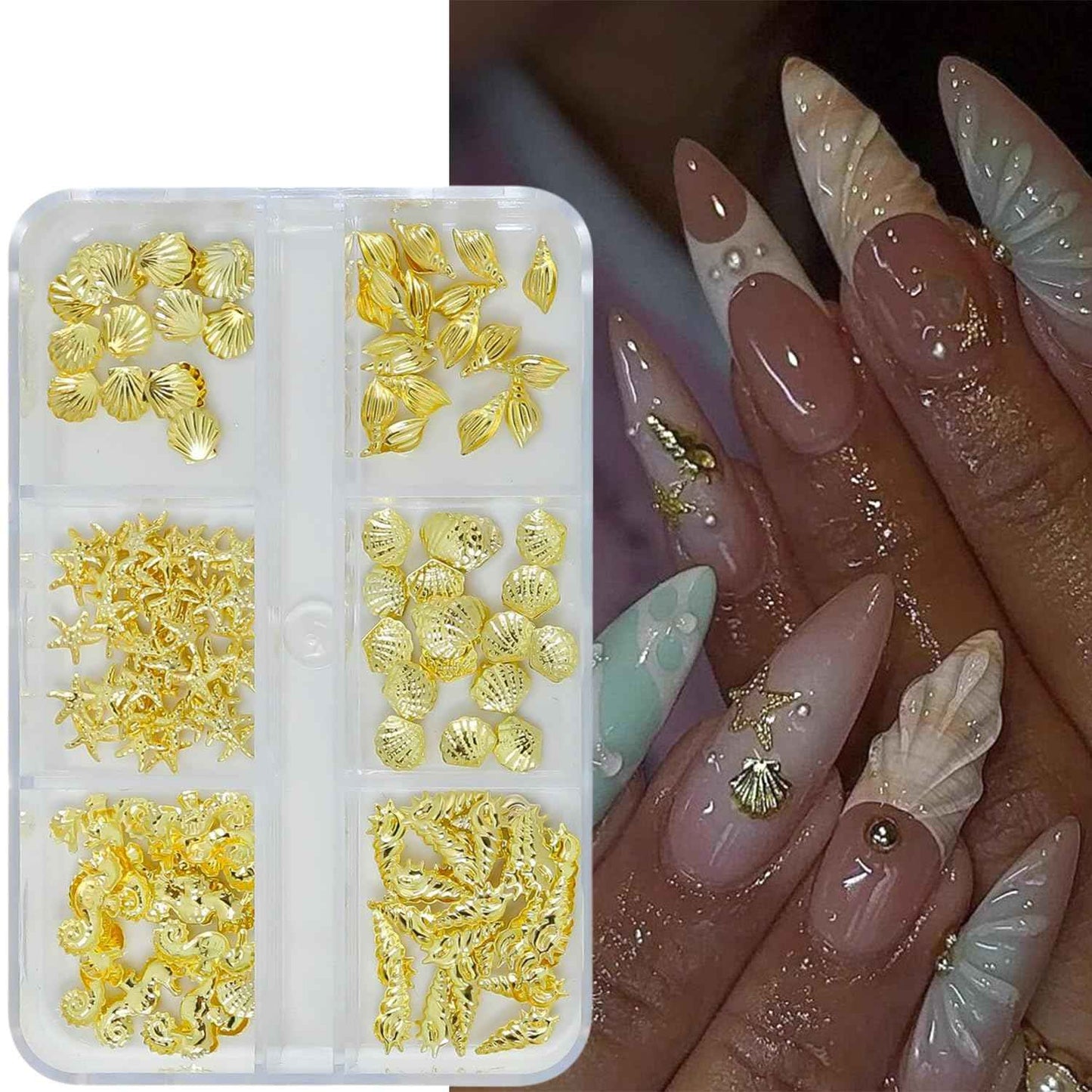 Summer Nail Charms and Gems Cute Shells Conchs Seahorse Starfish Nail Art Charms Gold Flat Back Gold Nail Rhinestones Summer Ocean Beach Nail Decoration Marine Life Rhinestones for Nails DIY Designs