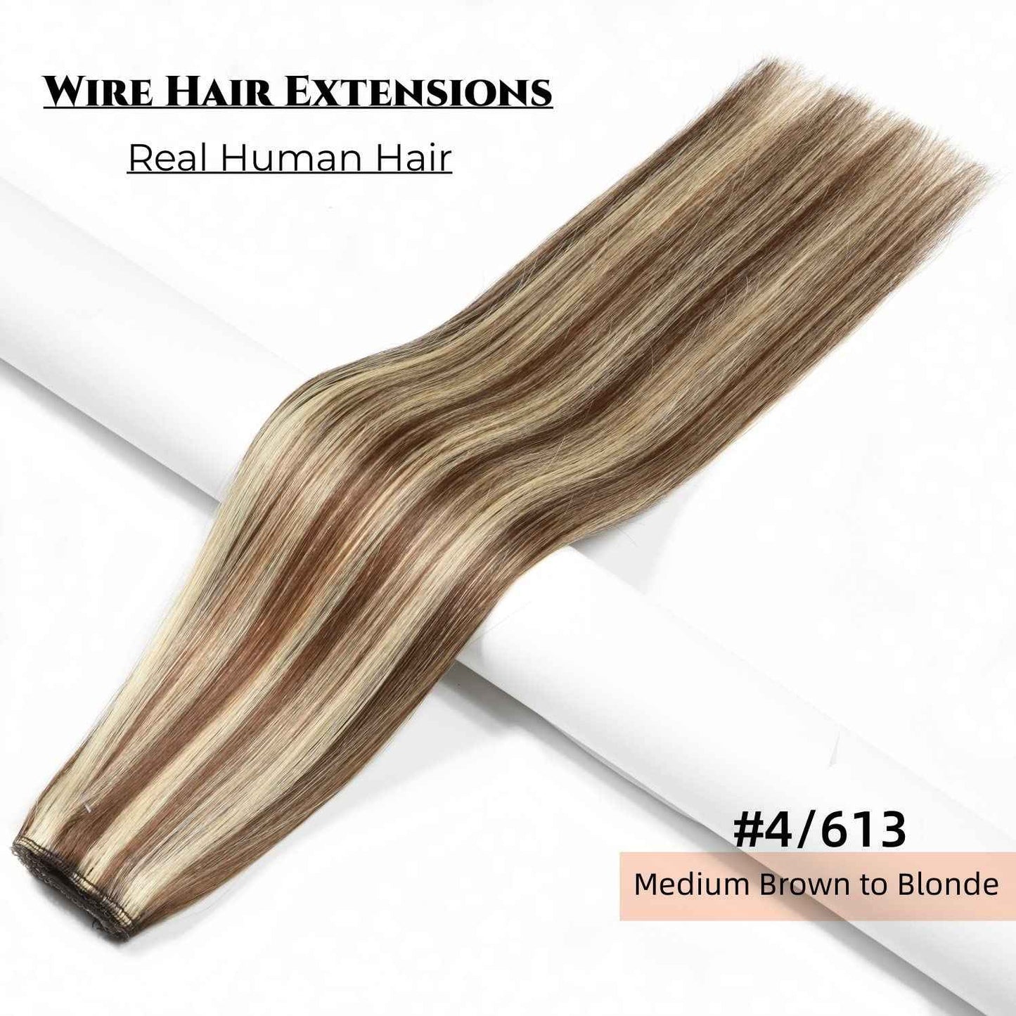 Wire Hair Extensions Real Human Hair One Hairpiece for a Full Head with Invisible Fish Line Brown Highlighted Golden Blonde 14 Inch 80g #4/613 Fish Wire Hair