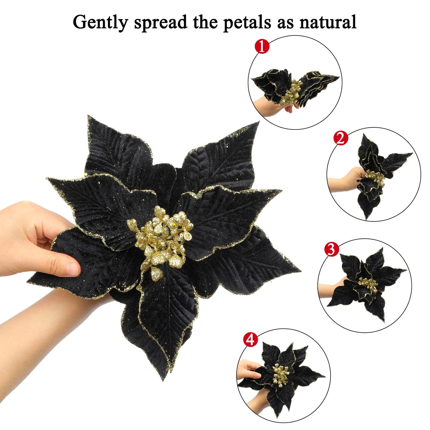 SHACOS 10 pcs 9.8" Large Glitter Poinsettia Flowers Stems Clips Velvet Fabric Floral Picks Christmas Flowers Christmas Tree Ornaments Wreath Garland Decoration, Black